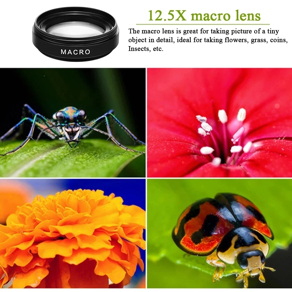 2 Functions Mobile Phone Lens 0.45X Wide Angle Len & 12.5X Macro HD Camera Lens Universal For iPhone Android Phone Smartphone