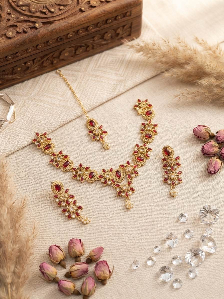 Elegant Floral Design  Stone Necklace Set with Matching Earrings and Tikka | Festive & Bridal Ethnic Jewelry set for girls and women