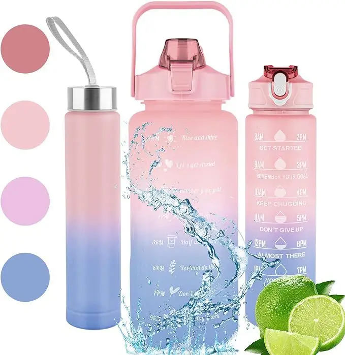 PeachFlask 3 PCS Water Bottles With Straw, 2000ml, 750ml, 280ml Motivational Sport Water Bottles with Time Maker, BPA Free Leakproof Half Gallon 2L Water Jugs