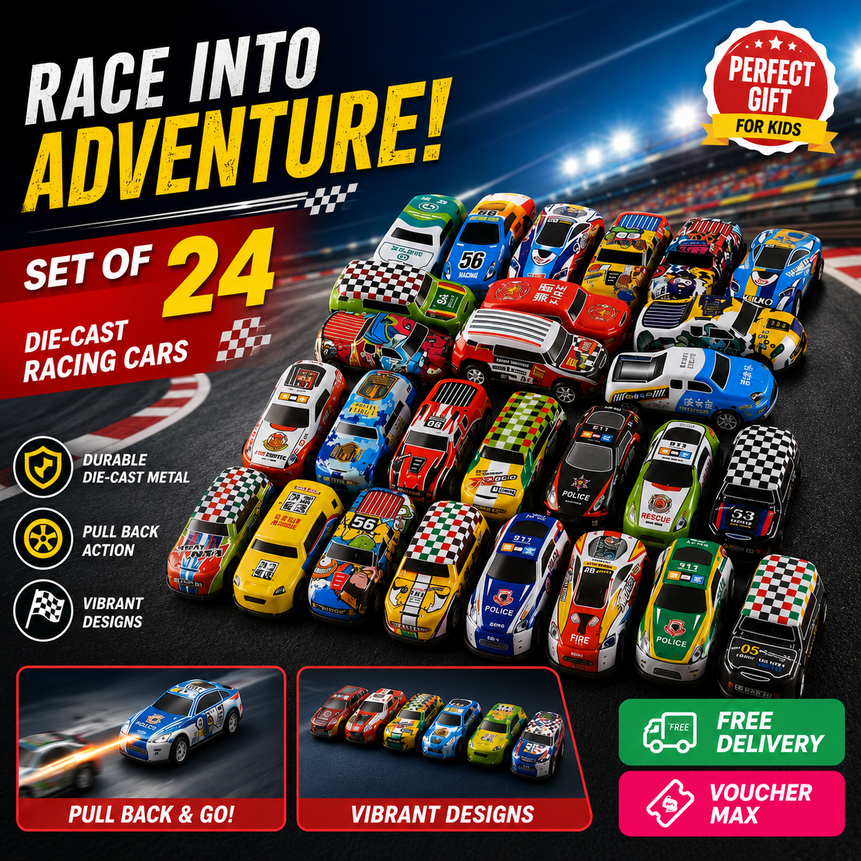 24 Pack Mini Diecast Metal Sports Car Model Toy Collection - Friction Powered Pull Back Racing Vehicles Set with Storage Organizer Box - Kids Gift Playset