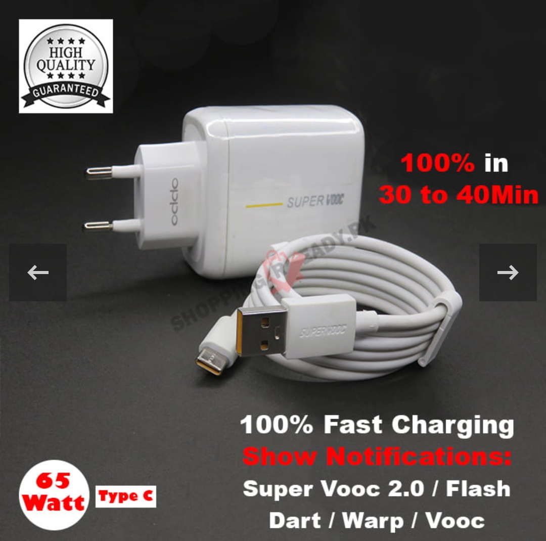 High Quality Oppo Super Vooc 2.0 100% Fast Usb Charger 2 Pin / 65 Watt – White