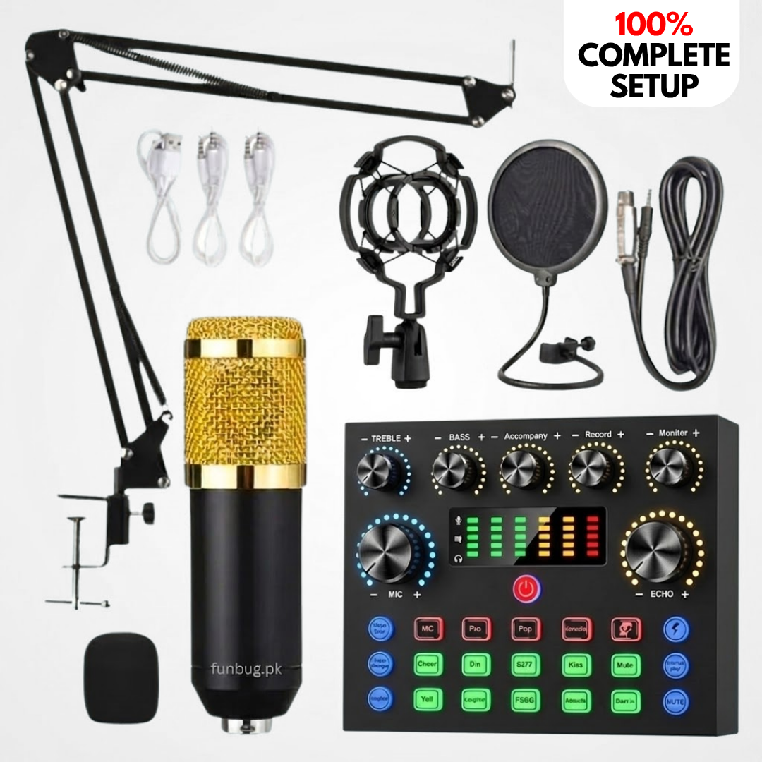 BM800 Studio Recording Microphone Set with V8 Sound Card, Gold Condenser Mic, Adjustable Arm, XLR Cable, Shock Mount, Pop Filter, Voice Control, HIFI Sound Card Chip, 10 PCS Kit for Podcasting, Streaming, Gaming, Live Streaming, Recording ~ by FunBug