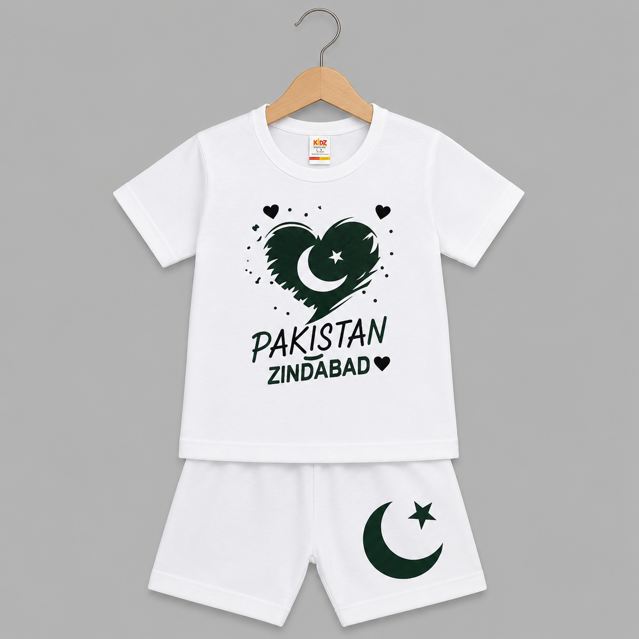 14 August Independence Day Kids T-Shirt & Shorts Set | Pakistan Zindabad Printed Summer Outfit | Baby Boys & Girls Pakistan Flag Dress | White Patriotic 2 Piece Clothing  by Kidz Pehnawa