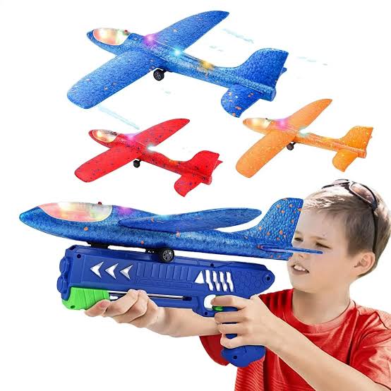 LED Light Airplane Launcher Toy Set for Kids with Foam Glider Catapult Plane