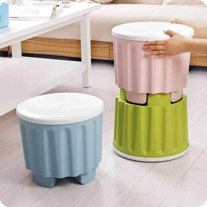 Large Plastic Storage Stool | Multipurpose Storage Box with Lid | Stackable Storage Organizer | Foldable Footstool | Toy & Clothes Storage Bin