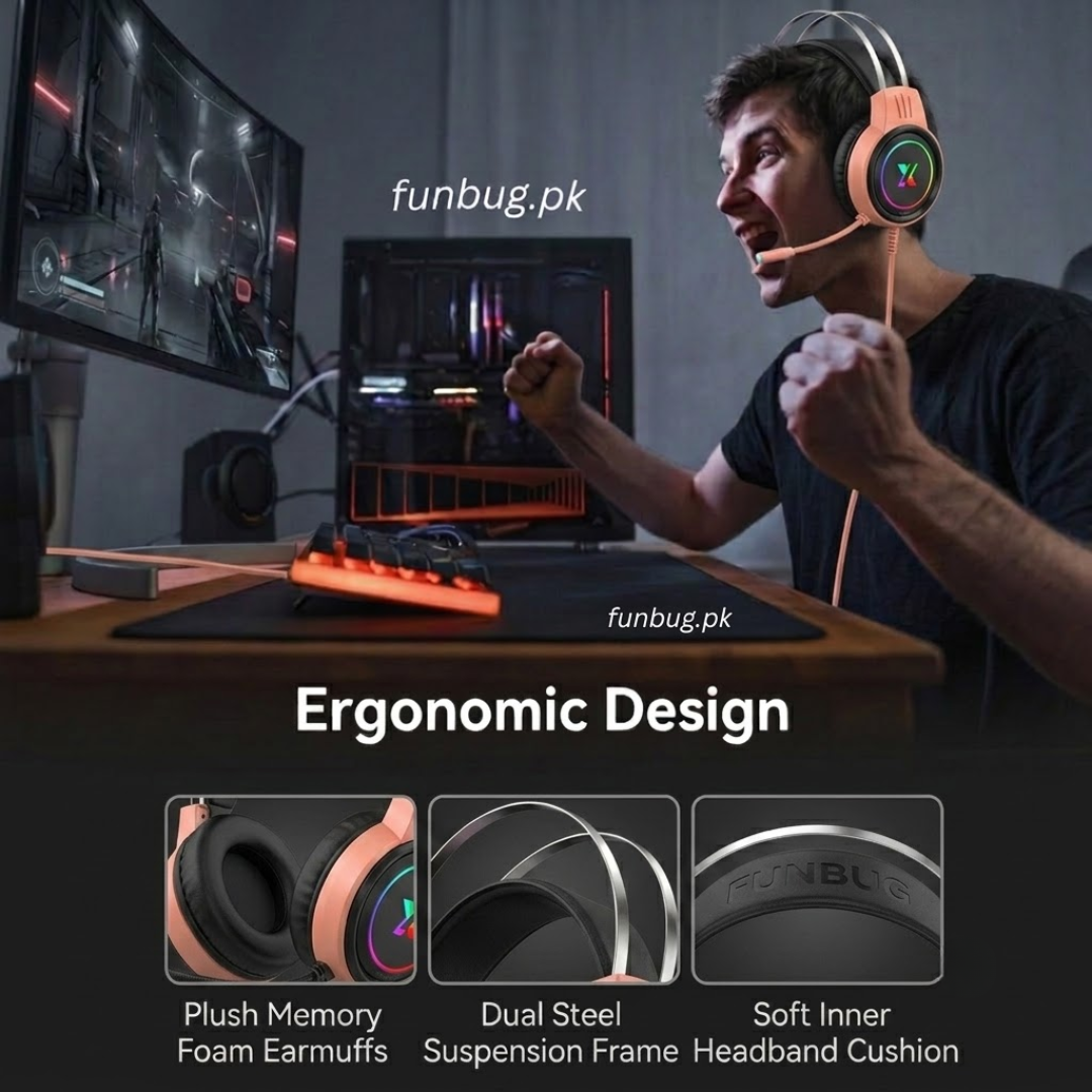 FunBug Pro Gaming Headset with RGB Lights, Noise Cancelling Microphone, USB/3.5mm Plug - Comfortable Ear Cushions, On-Headset Audio Control, New Gaming Headphones
