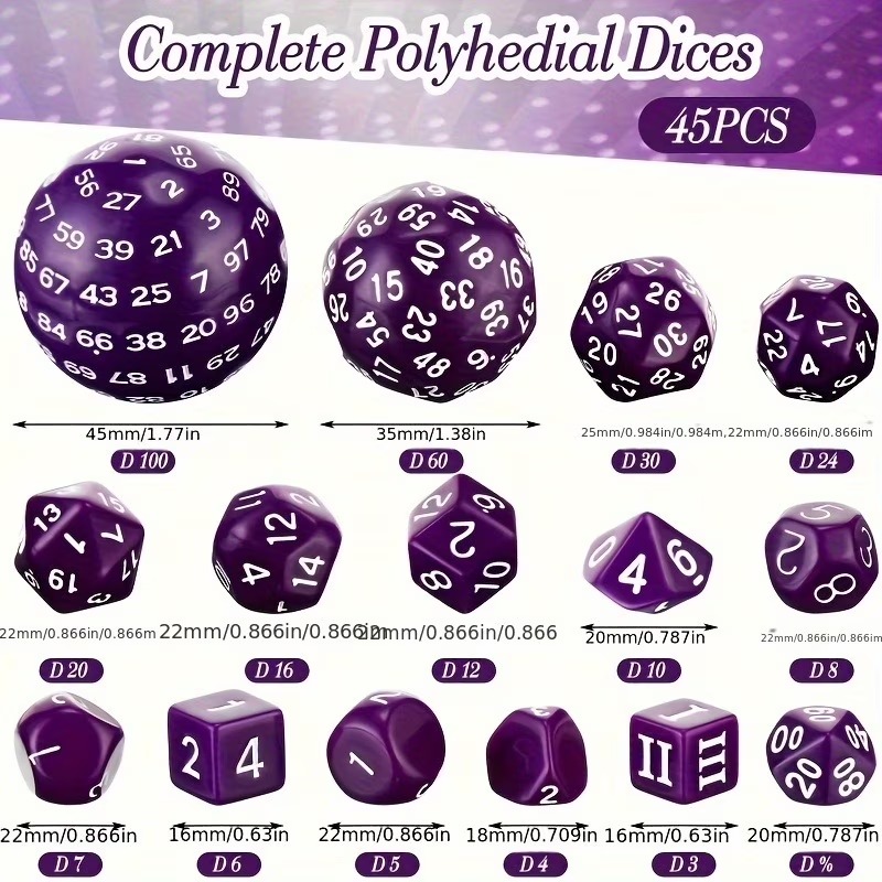DND Polyhedron D3-D100 Dice Set (15 Pieces) for Roleplaying Tabletop Game with Drawstring Pouch
