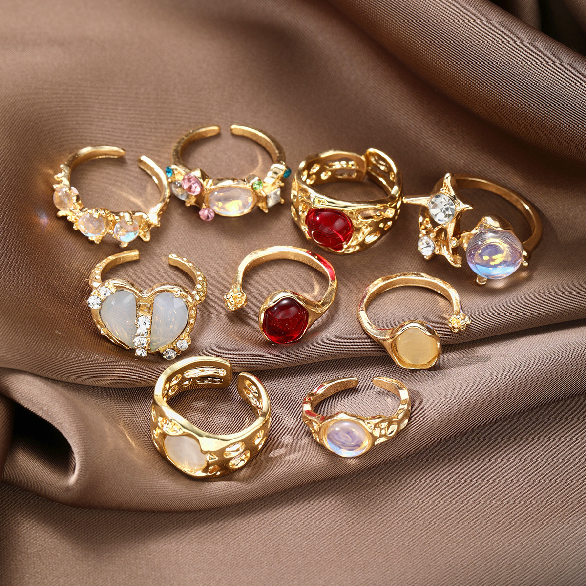 9pcs Y2K Crystal Heart Open Rings Set for Women Girls Vintage Punk Metal Irregular Geometric Adjustable Ring Trendy Jewelry 