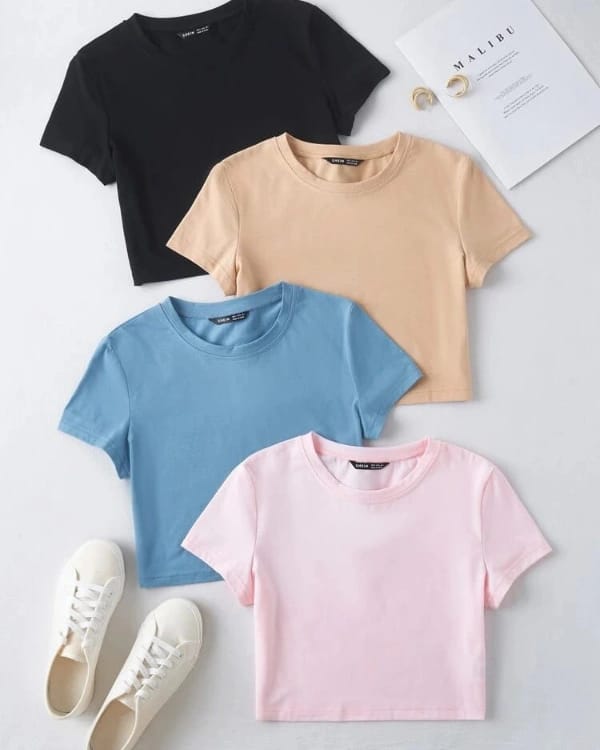 Crop Top Plain T Shirts Pack of 4 For Women Casual Summer Short Sleeve Plain Tops Soft Stretchable Fabric Value Combo Set