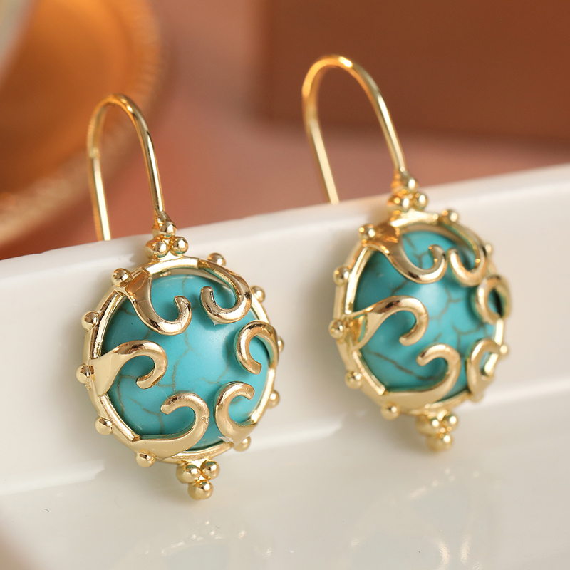 Vintage Chic Design Inlaid Synthetic Turquoise Hollow Dangle Earrings for Women Elegant Luxury Festival Celebration Fine Jewelry