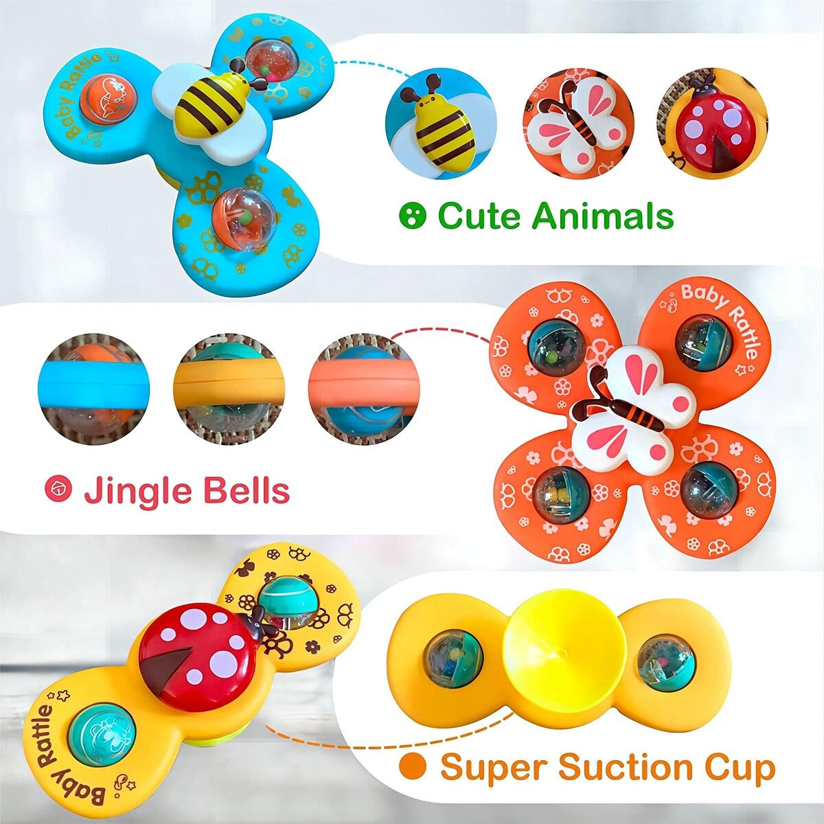 3PCS Suction Cup Spinner Toys for 1 Year Old Boy Girl|Spinning Tops Bath Toys for Kids Ages 1-3|Sensory Toys for Baby 6 12 18 Months Boy Birthday GiftRotating Suction Rattle Toy for babies image 3