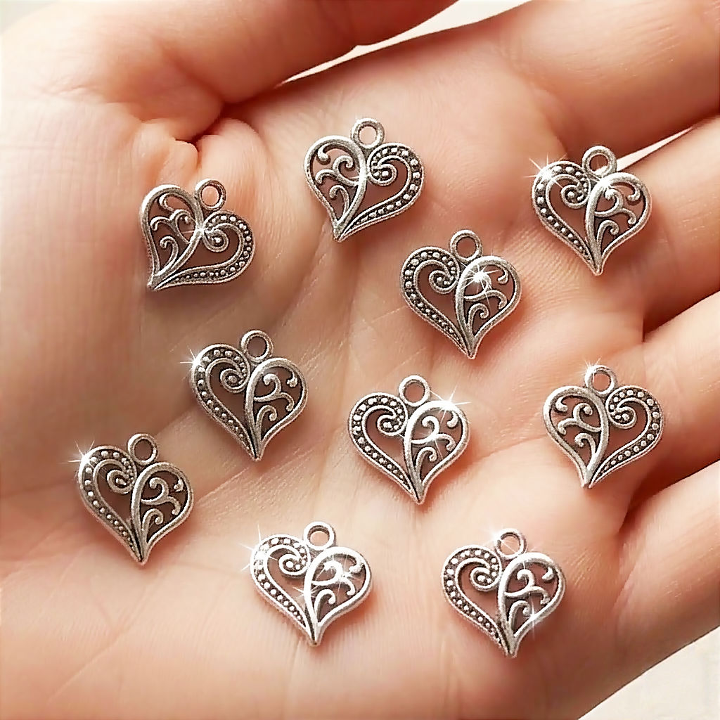 15pcs Silver Heart Charms Pendants for DIY Jewelry Making – Cute Alloy Heart Charms for Bracelets, Necklaces & Earrings.