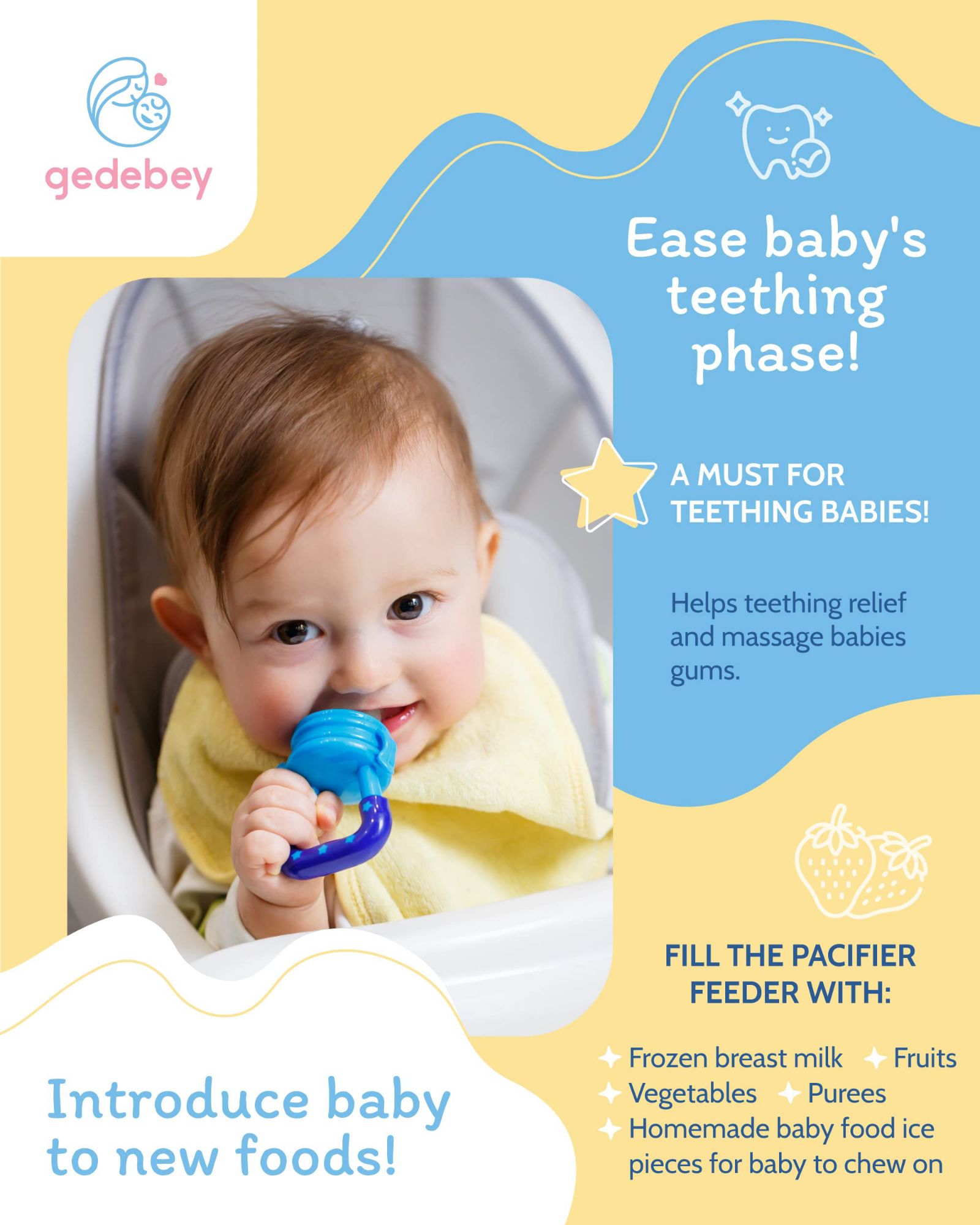 Baby Fruit Feeder Pacifier - 3 Pack | 2 Frozen Fruit Teething Pacifier & 1 Baby Food Spoon Feeder | Baby Silicone Feeder Pacifier | Teething Feeder, Baby Food Feeder Fruit Pacifier