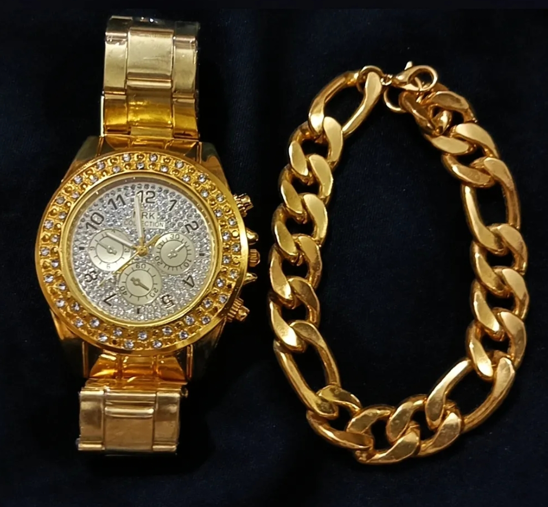 PACK OF 2 /TOP TRENDING  HIGH QUALITY LUXURY STONE WATCH WATCH DEAL-TOP FASHION GOLDEN ROUND WITH WHITE ZIRCONIA CROWN WATCH+STAINLESS STEEL CUBAN LINK HEAVY BRACLATE FOR MEN- BEST GIFT FOR WEDDING ENGAGEMENT CASUAL  WATCH DEAL FOR MEN