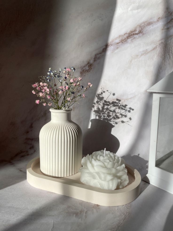 Set of 3 marble ceramic set vase , tray and peony Flower candle for home decoration