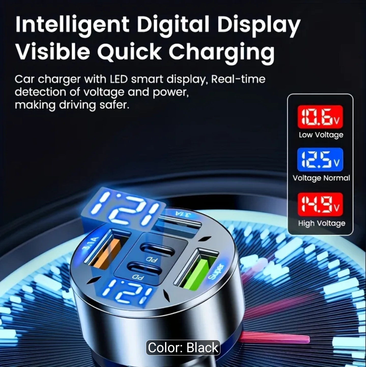 2026 Upgraded Fast-Charge Digital Display Car Charger | Features 2 PD and 3 USB-C Ports, Portable, Designed for Drivers and Passengers, Wireless Charging Adapter, Travel-Friendly