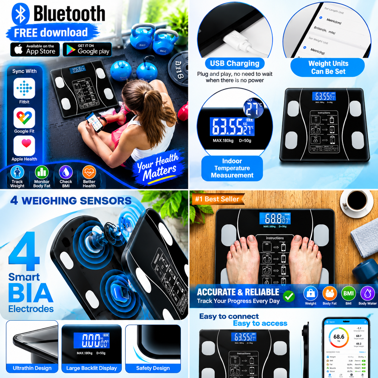 Smart Digital Body Weight Machine Scale 180KG Bluetooth Electronic Weighing Machine Scale with App Sync for Household Use - Body Fat & BMI Measurement, Bathroom Balance Scale Weight Machine For Human Body