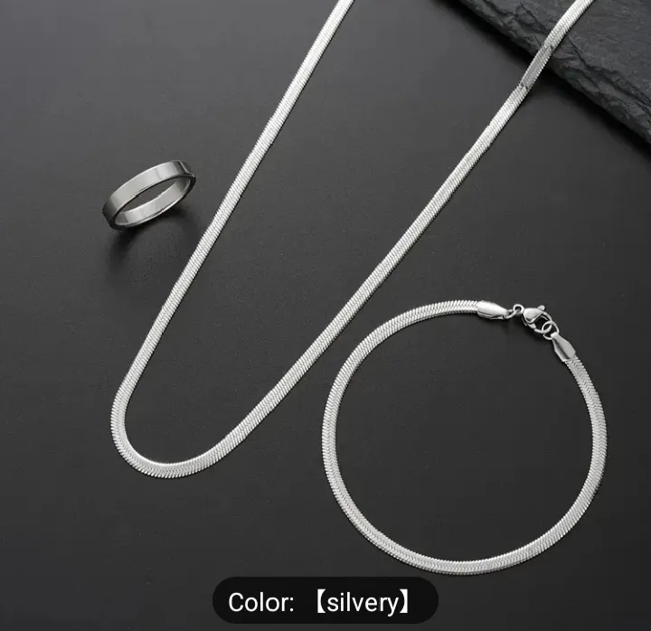 Men's Silvery Stainless Steel Jewelry Set – Chain, Bracelet & Ring (3-in-1 Classic Gift Set)