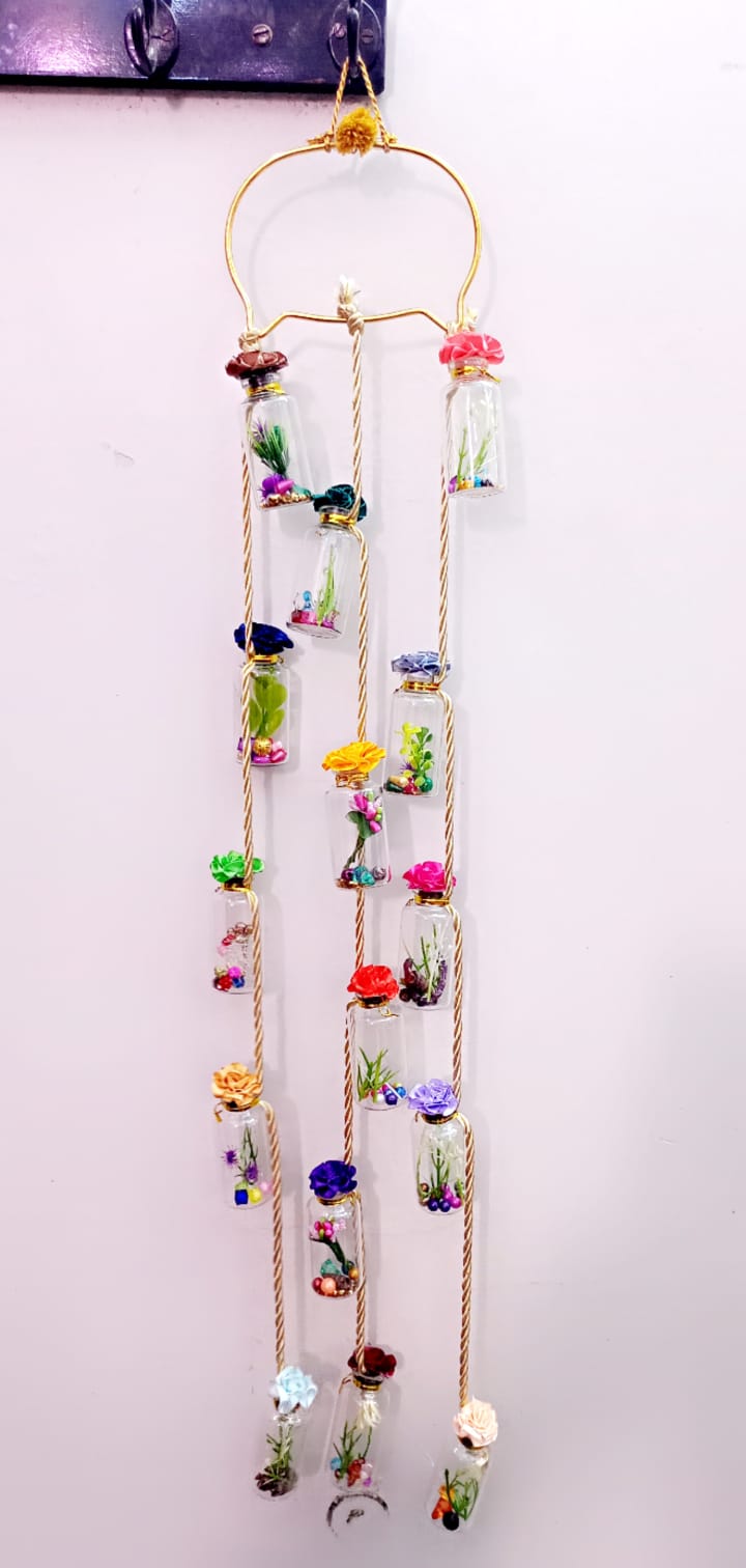 Hanging Crystal Glass Bottles with Jute Rope and Artificial Plants – Home Wall Decor