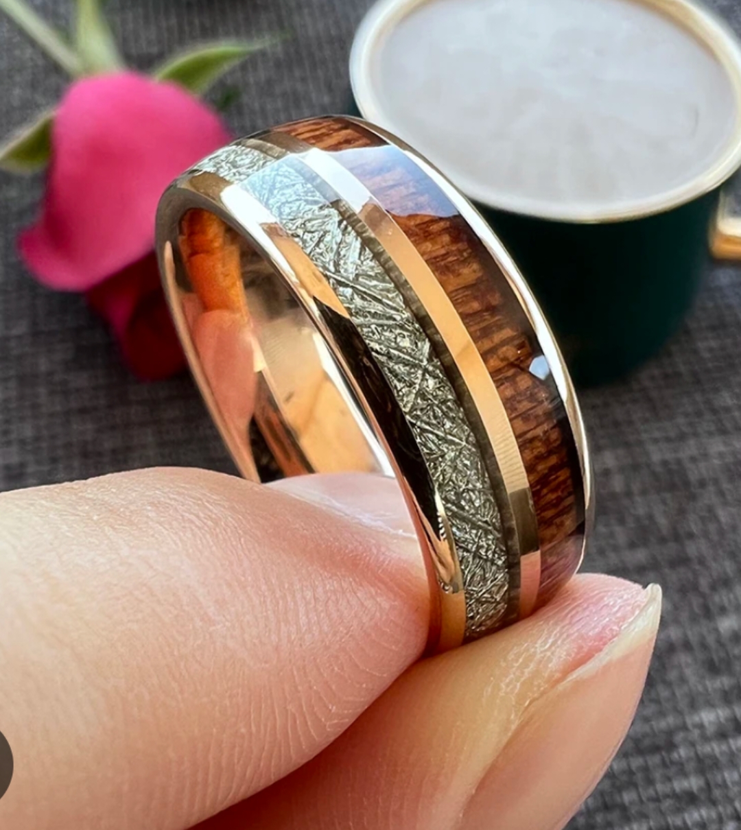 New Trend Mens Wedding Band, Whiskey Barrel Ring, Meteorite Ring, Rose Gold Mens Ring, Mens Promise Ring, Personalized,