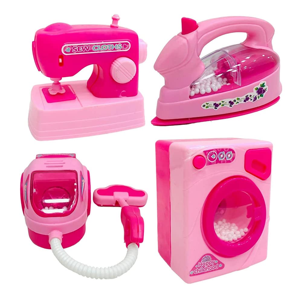 Bright Choice-4 in one Toy Home Appliance Set for Kids/Kitchen Pretend & Play Set for Kids  Washing Machine, Iron, Sewing Machine,Vacum Cleaner for Girls (Pink)