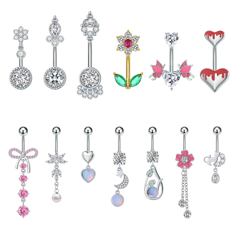 1pc Fake Pearl Zircon Belly Button Rings Cute Cat Flower Dangled Belly Piercing Jewelry 1.6*10 Length Navel Piercings for Women