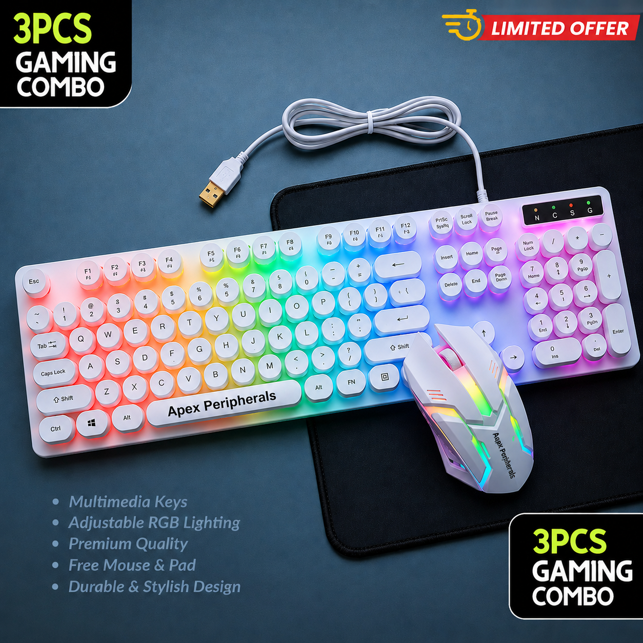 RGB Gaming Keyboard Mouse Combo with Large RGB Mouse Pad | 3PCS Gaming Set | USB Wired Mechanical Feel Keyboard | LED Gaming Mouse | PC Laptop Compatible