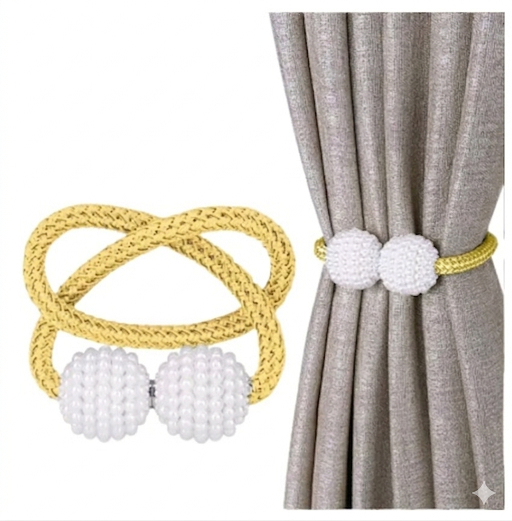 Magnetic Pearl Curtain Buckle Magnetic Curtain Tiebacks Convenient Drape Tie European Style Decorative Weave Rope Curtain Rings & Buckles Holder for Window Sheer Blackout Draperies, Parday