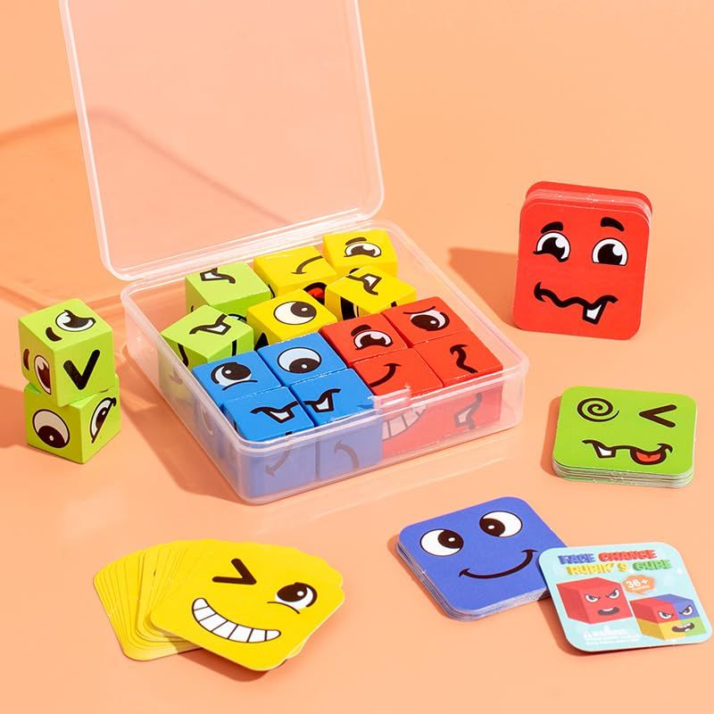 Wooden Face Changing Magic Cube Puzzle | Expression Matching Game for Kids & Adults | Educational Brain Teaser Toy | Family Board Game