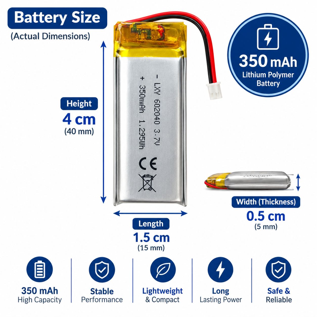 3.7V Mini Lithium Battery 125mAh: Compact Power for Small Devices and Electronic