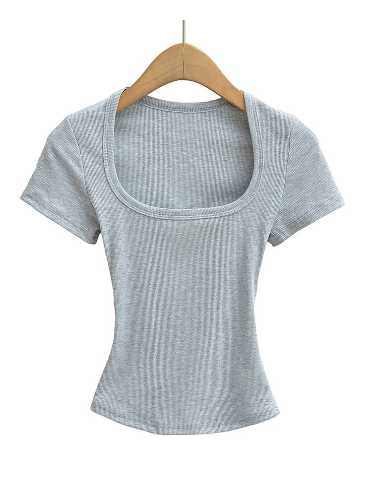 Women's Square Collar Slim Fit Crop Top High Stretch Short Sleeve Pullover  Summer Blouse T-shirt Bottoming