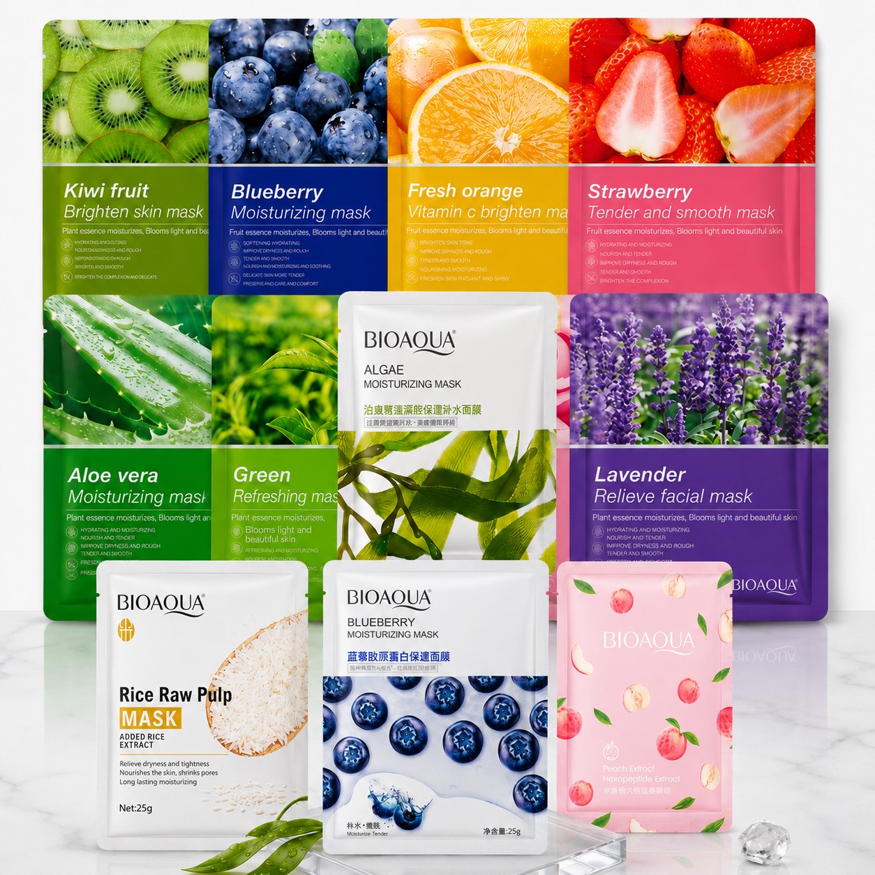 BIOAQUA Fruit Extract Facial Sheet Mask Moisturizing Brightening Hydrating Face Mask Set with Blueberry Green Tea Orange Strawberry Kiwi (Pack of 5)(Random)