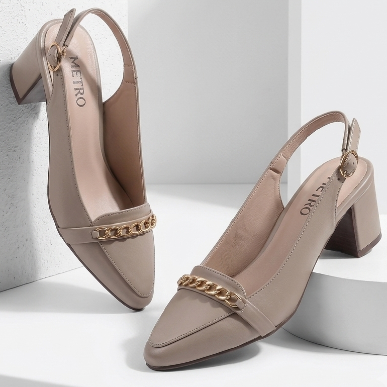 Women's Elegant Pointed-Toe Slingback Block Heels Shoes – Chic Gold Chain Accent Dress Court Shoes & Pumps in Multicolors