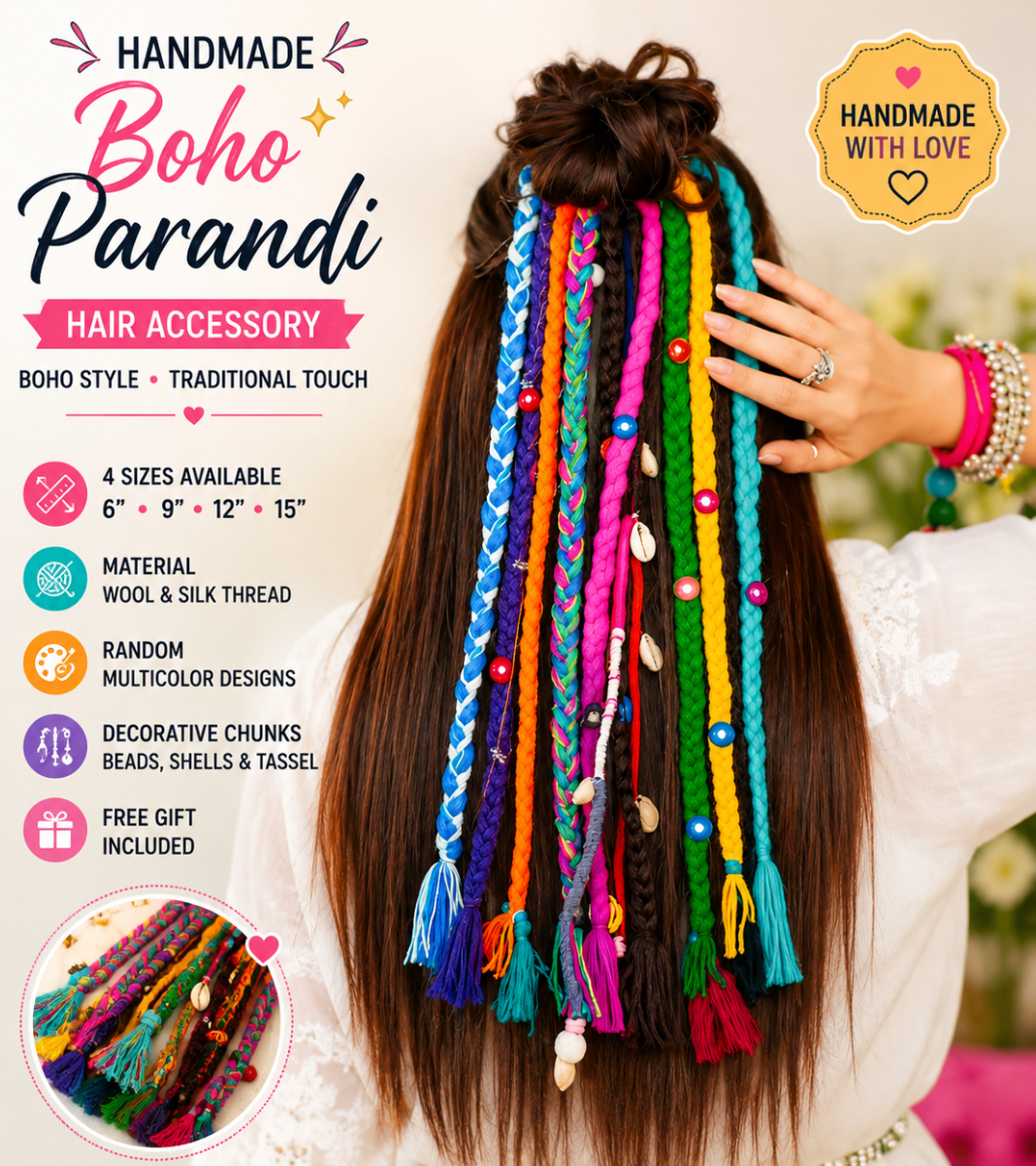 Handmade Multicolor Wool & Silk Braid Parandi Hair Band | Boho Punjabi Paranda Hair Extension | Soft, Stylish & Durable | 6, 9, 12 & 15 Inches for Girls & Women | Free Gift