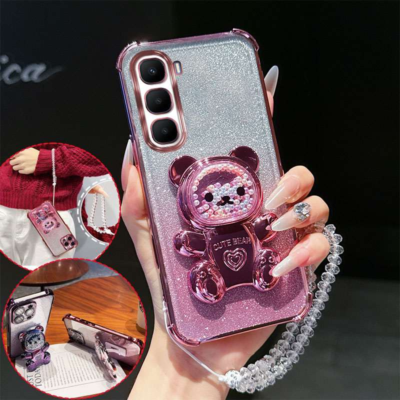 4 Corner Shockproof Phone Case with Cute 3D Bear Stand Crystal Chain Lanyard Glitter For Infinix Hot 60 Pro Plus 60i Back Cover