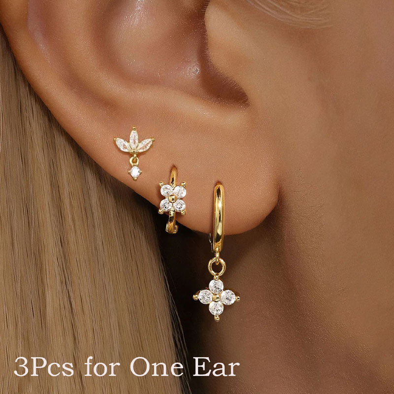 3PCS Stainless Steel Zircon Flower Pendant Hoop Huggies Earrings Set for Women, Crown Cartilage Earring Piercing Jewelry aretes