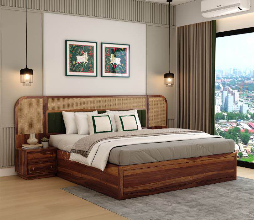 Serah Premium Sheesham Wood Bed with Cane & Velvet Headboard, & 2 Modular Bedside Tables (King Size, Teak Finish)