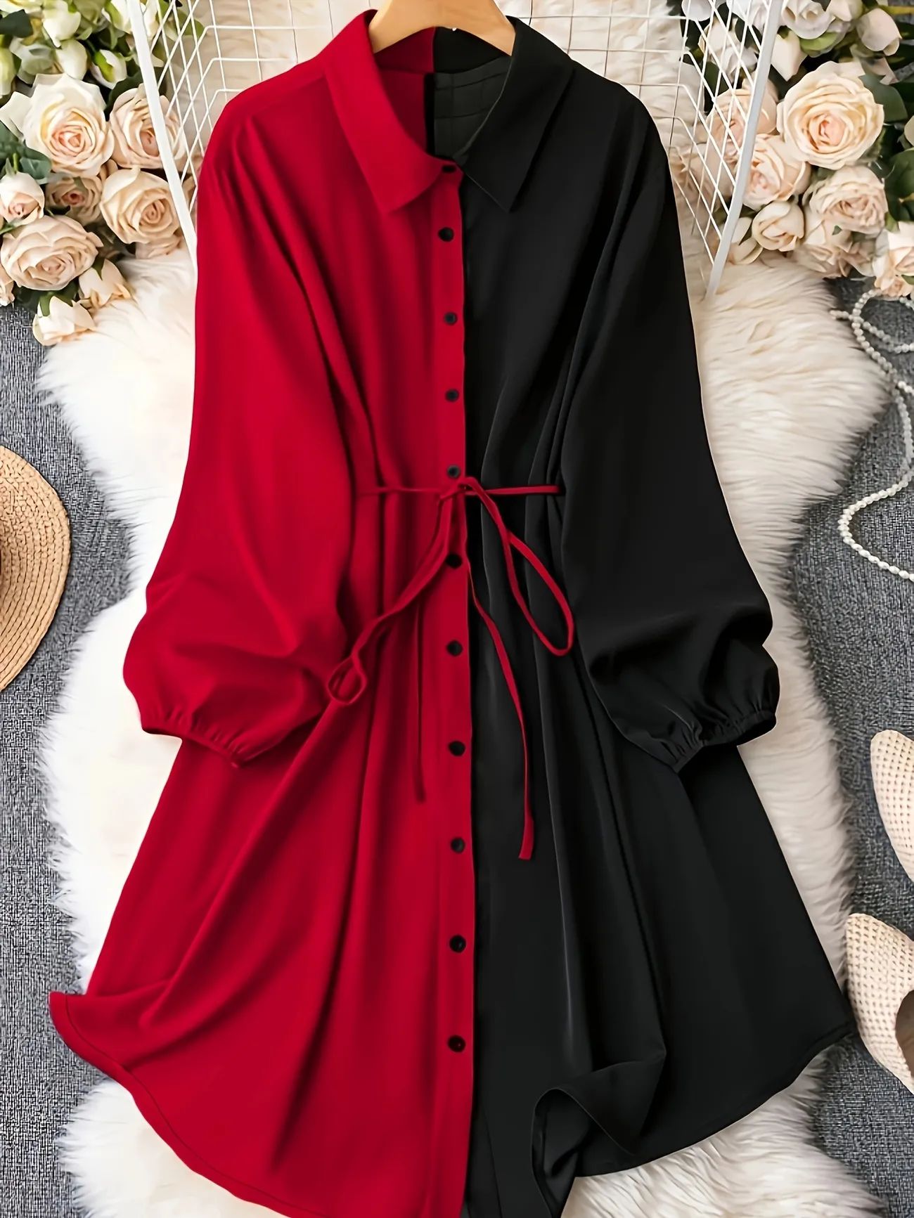 Elegant Two-Tone Lantern Sleeve Belted Shirt Blouse For Casual, Daily, Regular Wear
