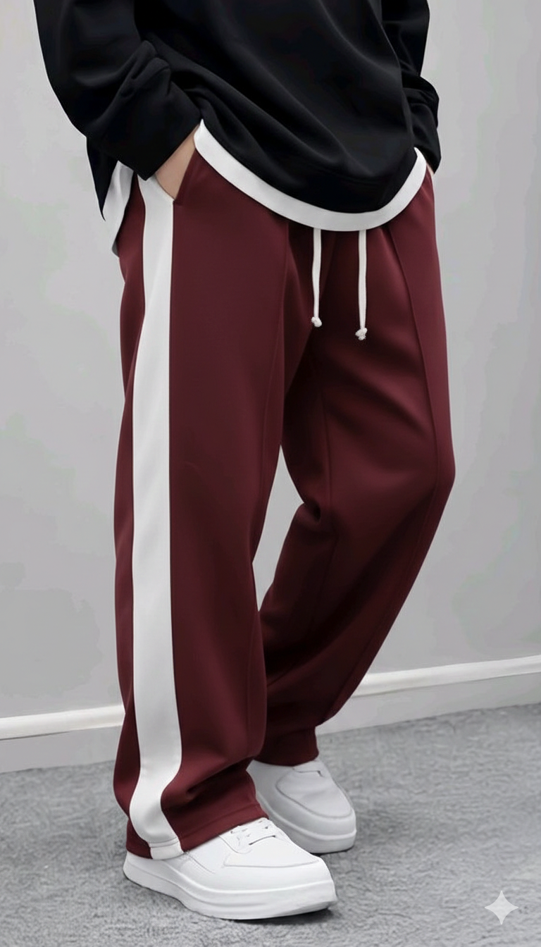 Men's Maroon Wide Leg Trouser with White Side Stripe