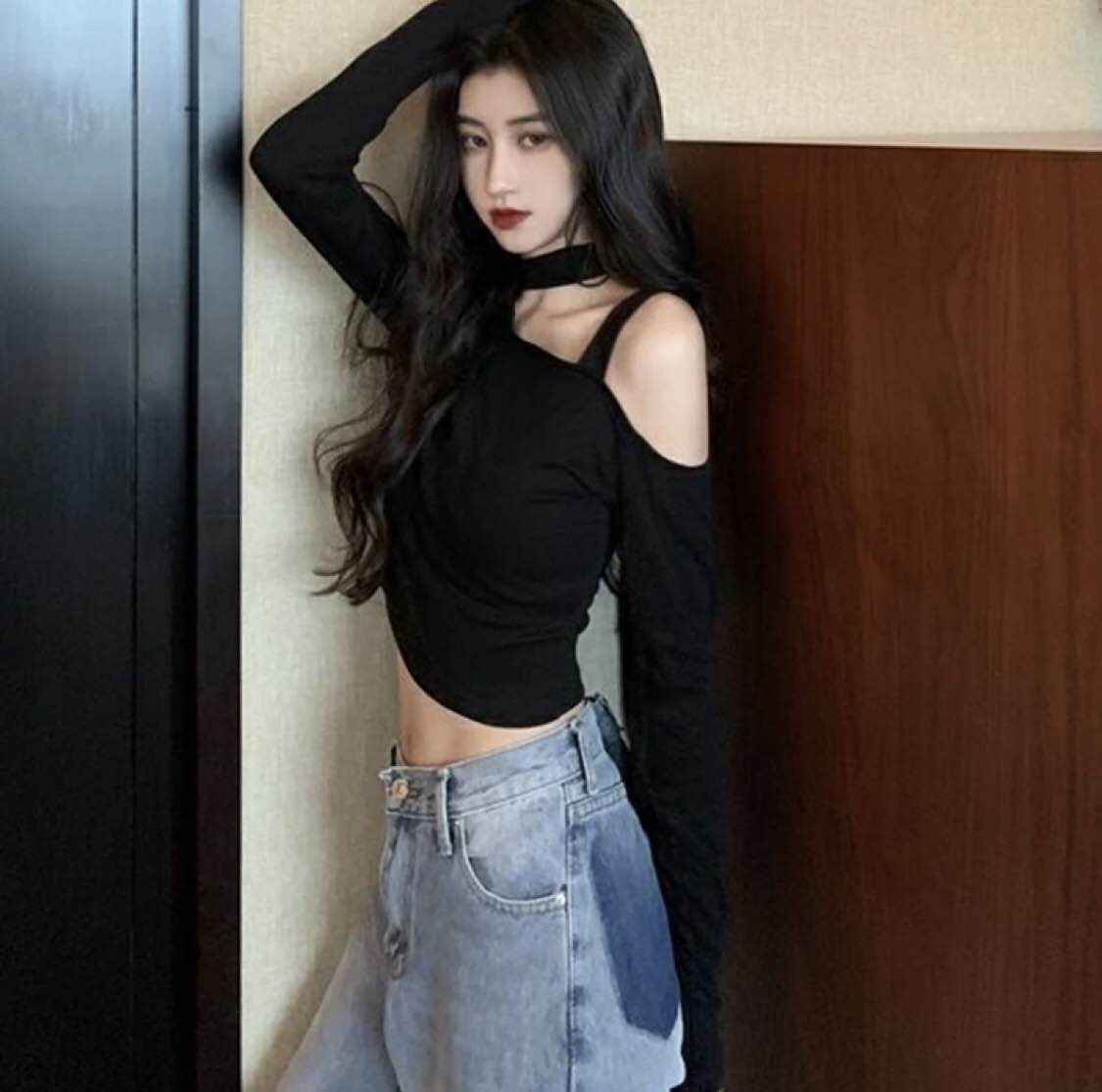 women's korean style short off shoulder shirt cotton shirt for womens and girls long sleeve top