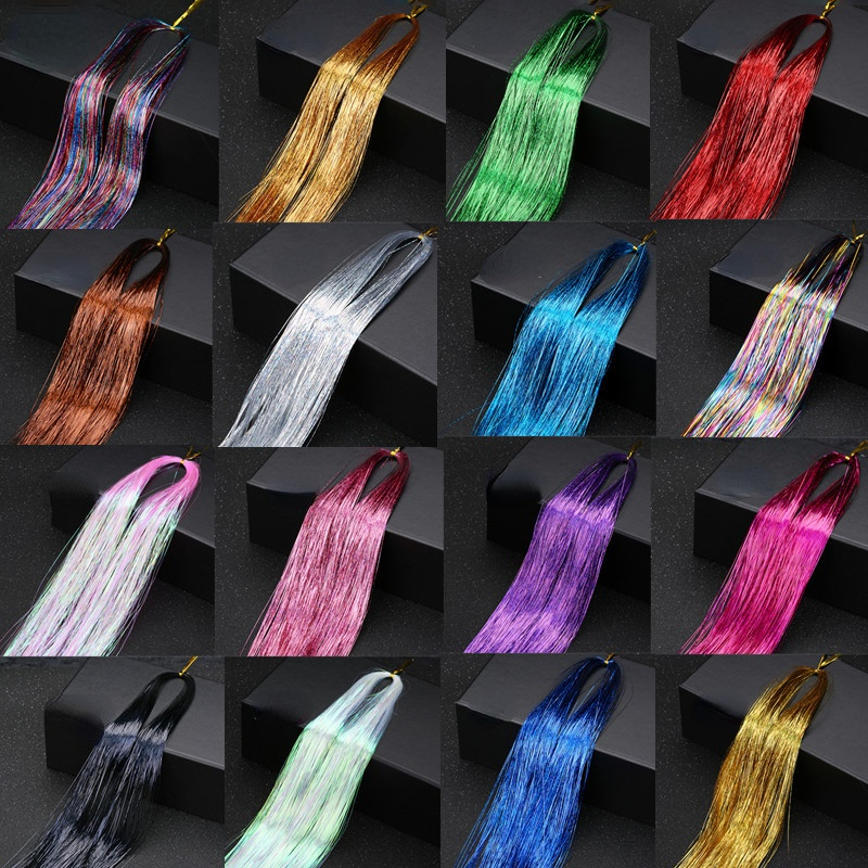 Laser Holographic Hair Tinsel Extensions Rainbow Metallic Shiny Glitter Hair Strand Sparkly Synthetic Hair for Braiding Festival