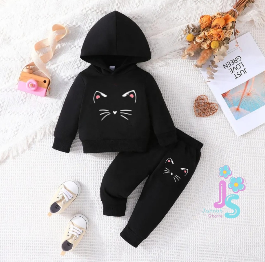 Sweatshirt Hoodies And Pajama Trousers Cat Design Winter Collection For Kids Baby Girls Dresses Tracksuit Imported Comfy Winter Warm Top Clothes Set Dresses Outfit Suit For Unisex Jannat Store