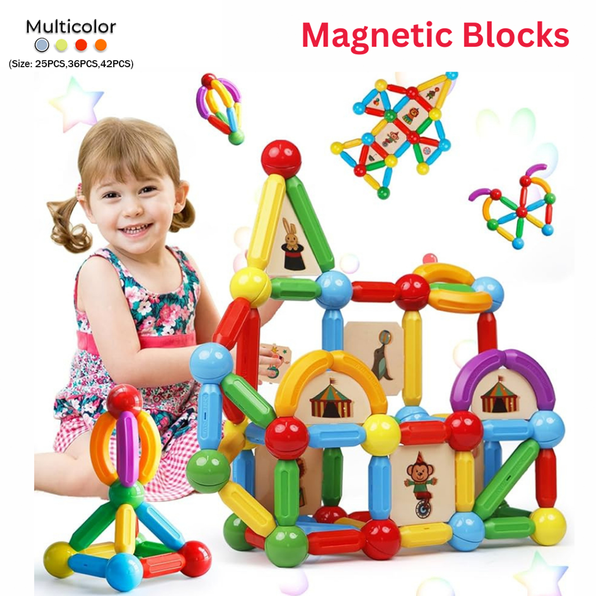 Magnetic Building Blocks Set 25/36/42 PCS – STEM Magnet Balls & Rods Construction Toy for Kids Age 3+ Educational Learning Stacking Game (Multicolors)