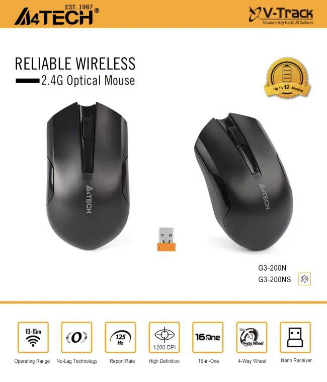 A4Tech G3-200NS Wireless Mouse | 2.4GHz | 1200 DPI | Silent Click | Nano USB Receiver | Long Battery Life | PC & Mac