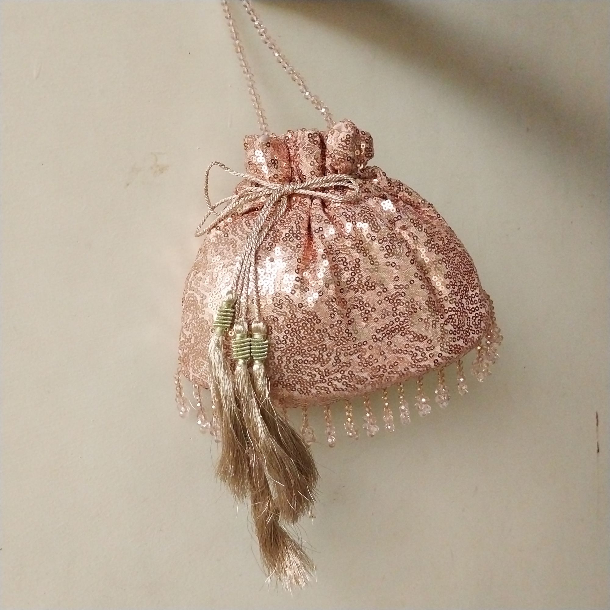 SHINY fancy potly clutch with pearl tassels
