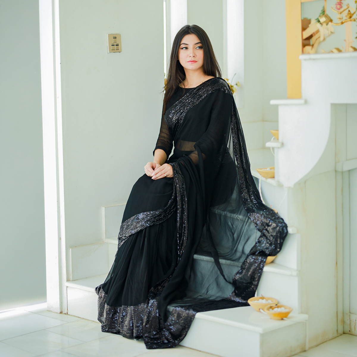 Trending Sequence Work Chiffon Saree,Blouse,Petticoat | Stitched Saree For Womens | Saree For Girls with Full Blouse