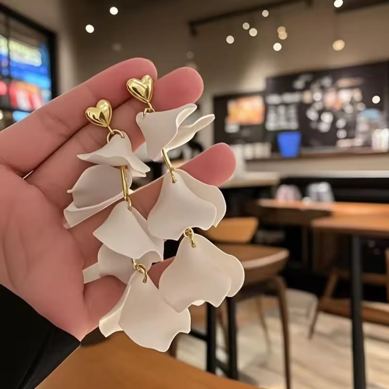 White Floral Dublay Drop Earrings Elegant gold-tone heart stud earrings with layered white floral petals