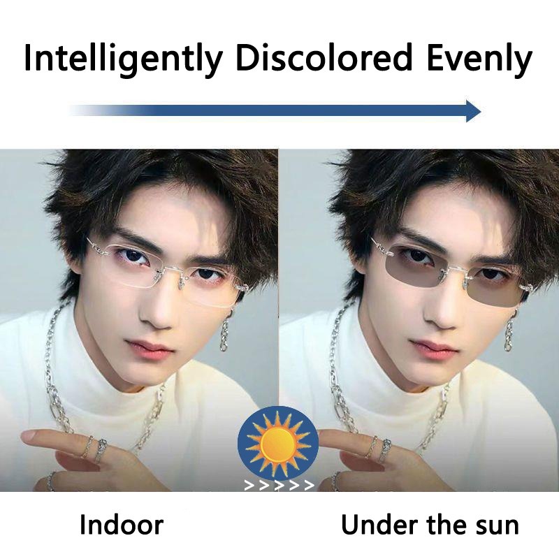Photochromic Anti Radiation Frameless Glasses For Women Men Rimless Transition Rectangle Eyeglasses