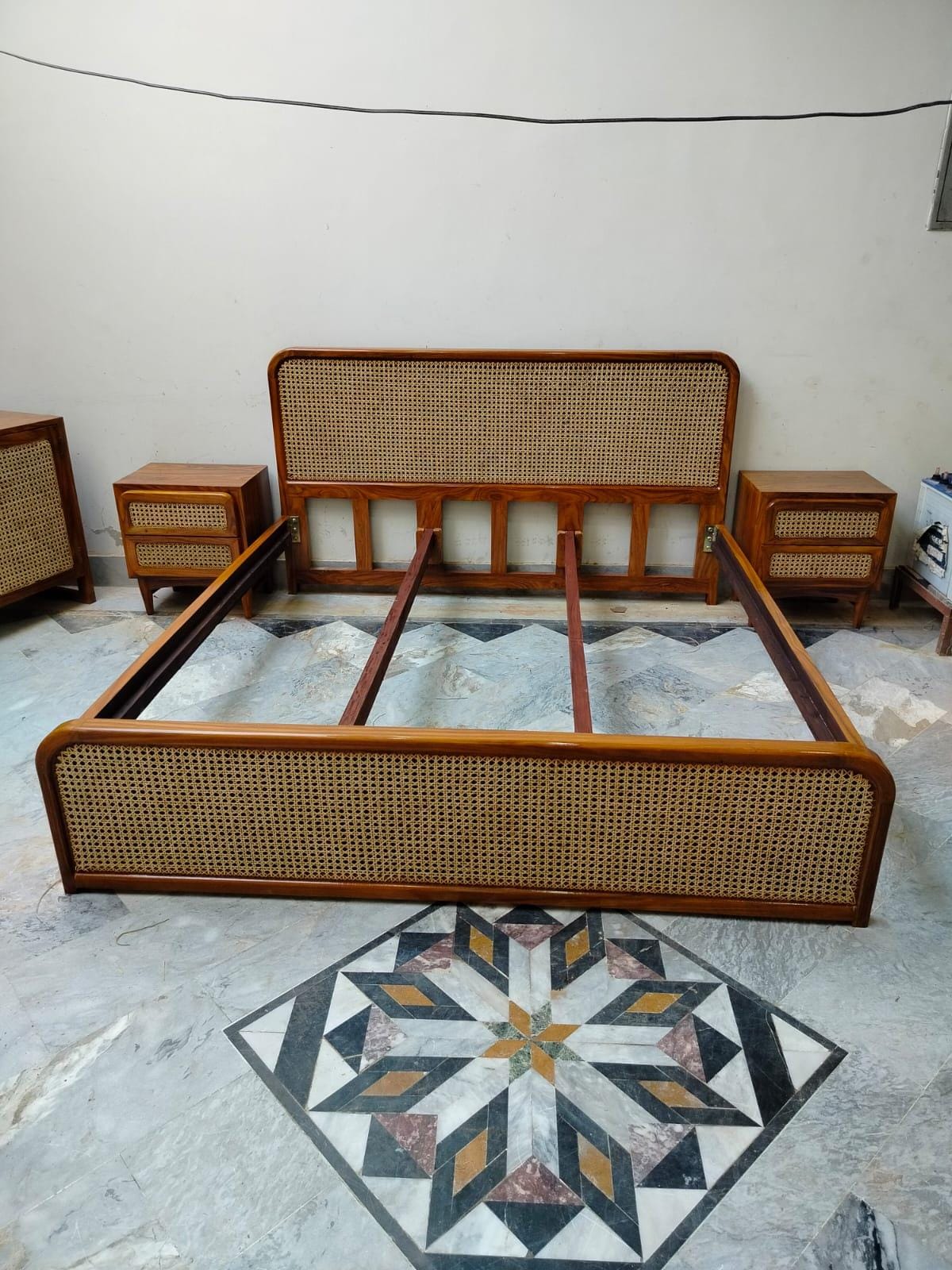 Rattan King Size Bed with 2 Side Tables