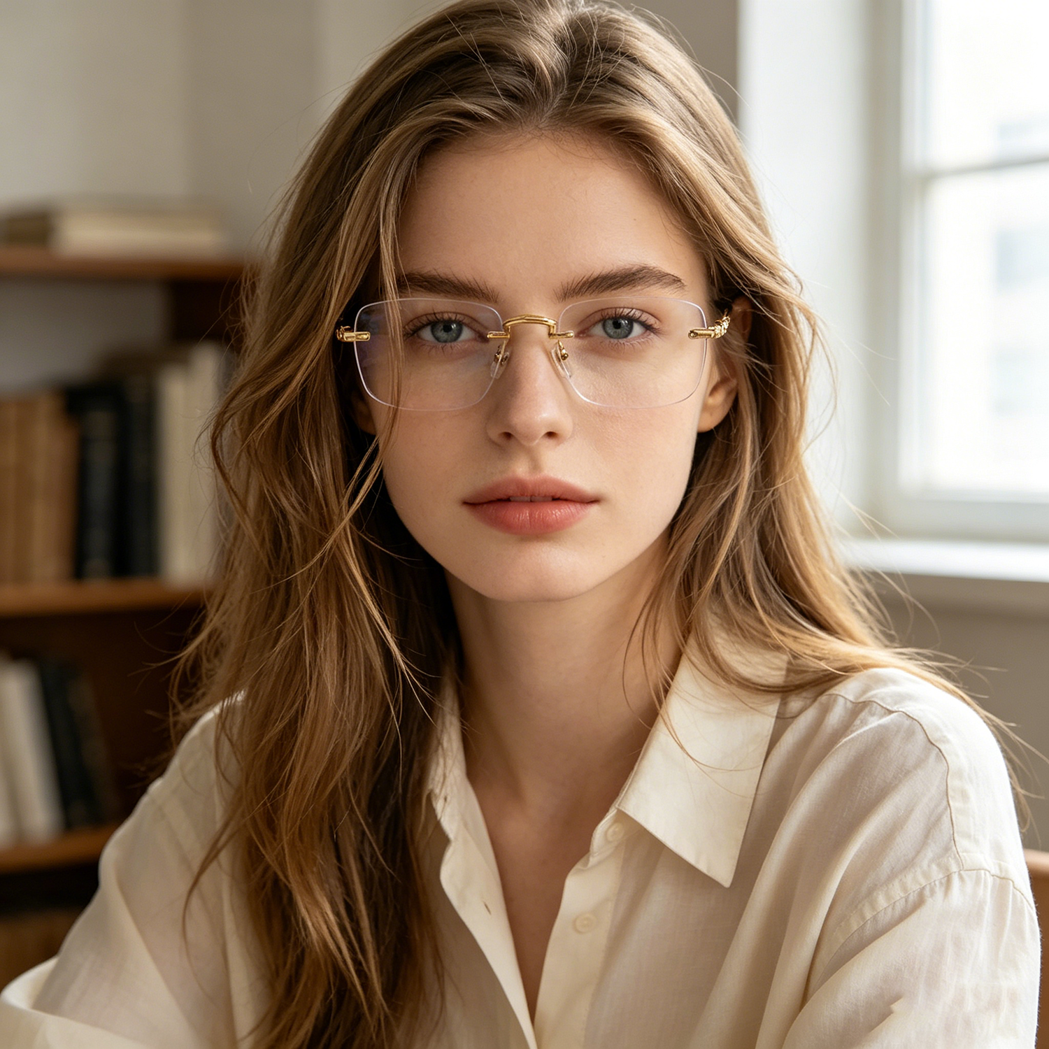 Women Fashion Gold Metal Rimless Glasses Photochromic Anti Blue Light Spectacles -100~-400 Myopia Diopters